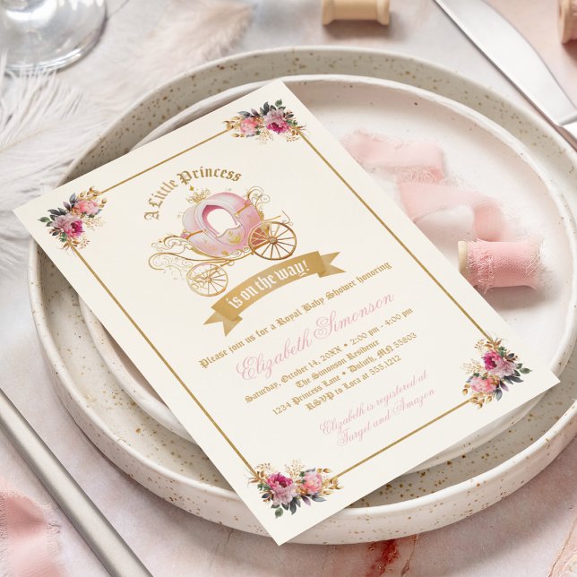 Convite Chá de Bebê Princesa da Carruagem Rosa Conto de Fa (Criador carregado)