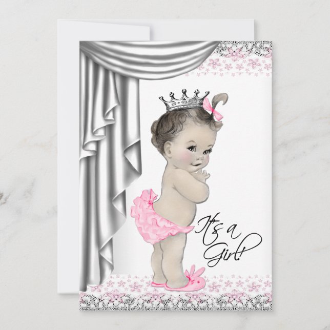 Convite Chá de Bebê Princesa Doce Rosa e Cinza Menina (Frente)