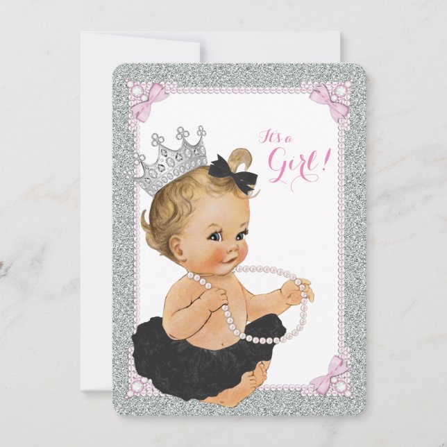 Convite Chá de Bebê Princesa Elegante Tuta Preta Pérola (Frente)