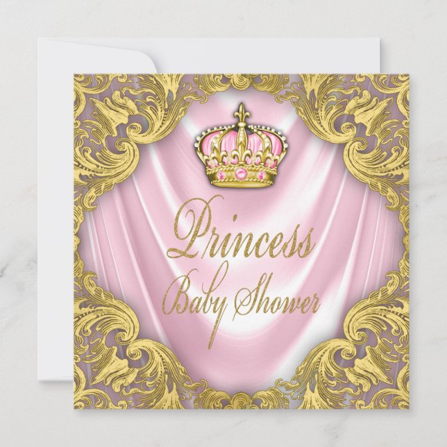 Convite Chá de Bebê Princesa em Cetim Rosa e Dourado (Frente)