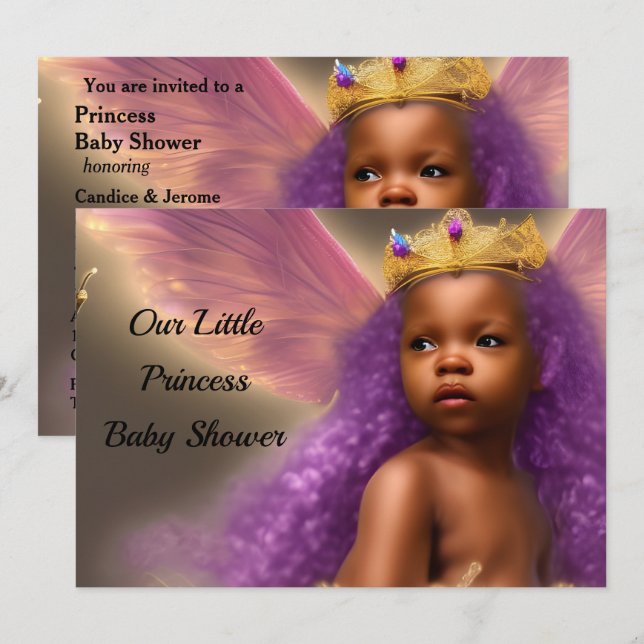 Convite Chá de Bebê Princesa Étnica borboleta roxo 2 (Frente/Verso)