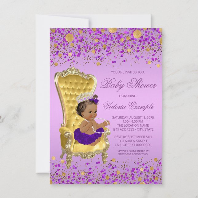 Convite Chá de Bebê Princesa Étnica Lavanda Dourada (Frente)