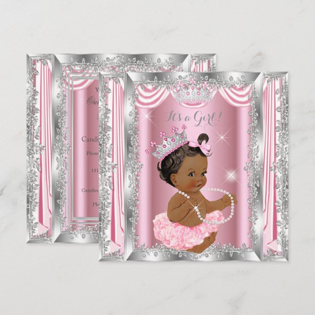 Convite Chá de Bebê Princesa Étnica Rosa Bailarina Prata (Frente/Verso)