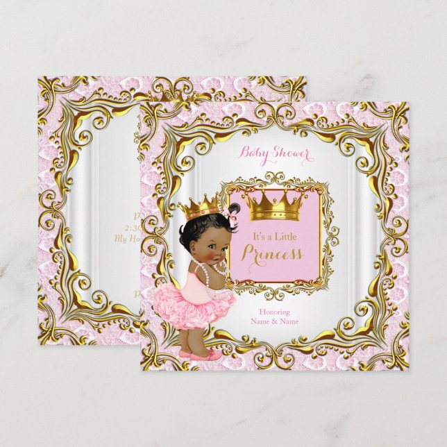 Convite Chá de Bebê Princesa Étnica Rosa com Renda e Doura (Frente/Verso)