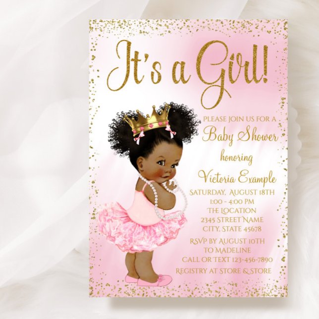 Convite Chá de Bebê Princesa Étnica Rosa e Dourado (Pretty pink and gold princess tutu baby shower invitation. Simply add your event details)