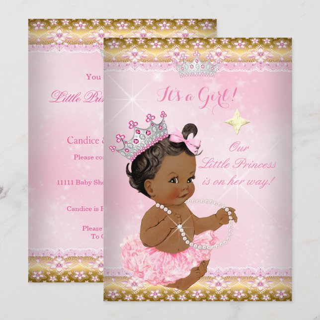 Convite Chá de Bebê Princesa Étnica Rosa Tutu Tiara Dourad (Frente/Verso)