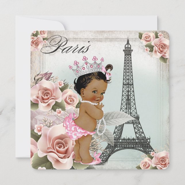 Convite Chá de Bebê Princesa Étnica Vintage Paris (Frente)