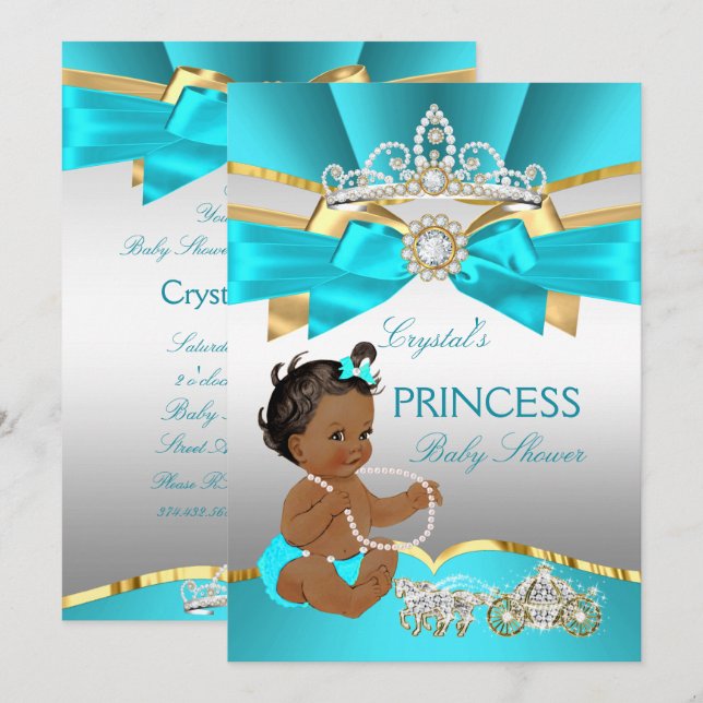 Convite Chá de Bebê Princesa Etnico Azul Turquesa Dourado (Frente/Verso)
