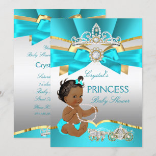 Convite Chá de Bebê Princesa Etnico Azul Turquesa Dourado