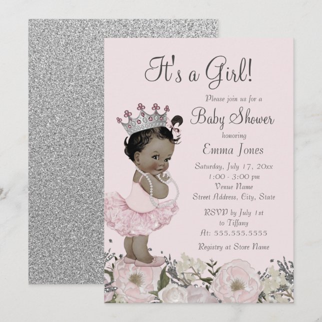 Convite Chá de Bebê Princesa Floral Rosa Afro-Americano (Frente/Verso)