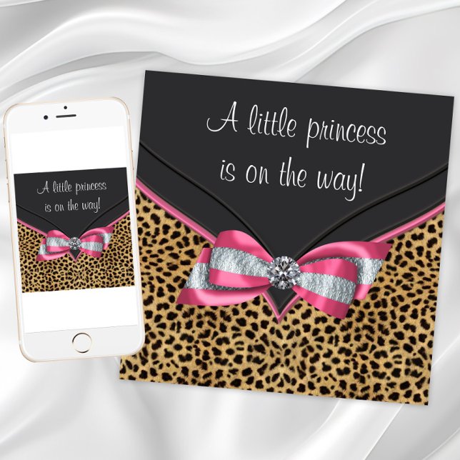 Convite Chá de Bebê Princesa Leopardo Rosa (Leopard print baby shower invitations. Add your own text. Download and printed invitations available)