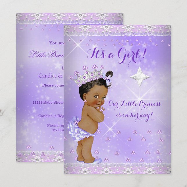 Convite Chá de Bebê Princesa Lilás Lavanda Tiara Étnico (Frente/Verso)