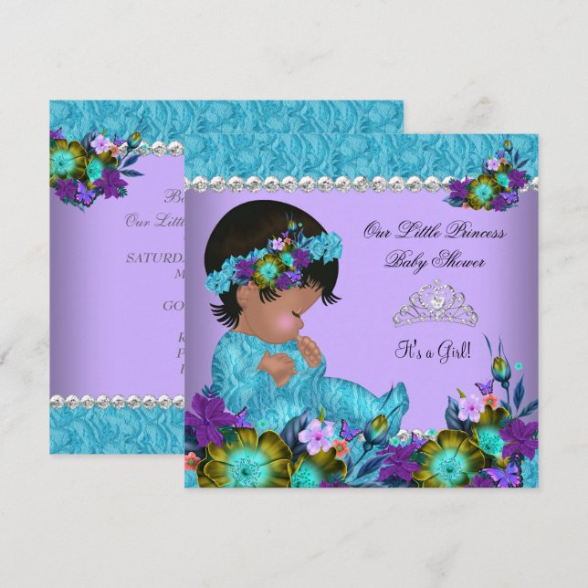 Convite Chá de Bebê Princesa Menina Azul Teal Roxo (Frente/Verso)