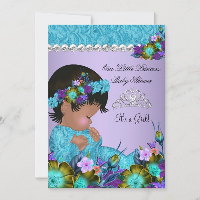 Convite Chá de Bebê Princesa Menina Azul Teal Roxo 2 (Frente)