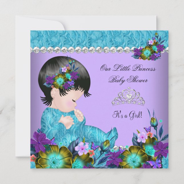 Convite Chá de Bebê Princesa Menina Azul Teal Roxo 2 (Frente)