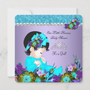Convite Chá de Bebê Princesa Menina Azul Teal Roxo 3