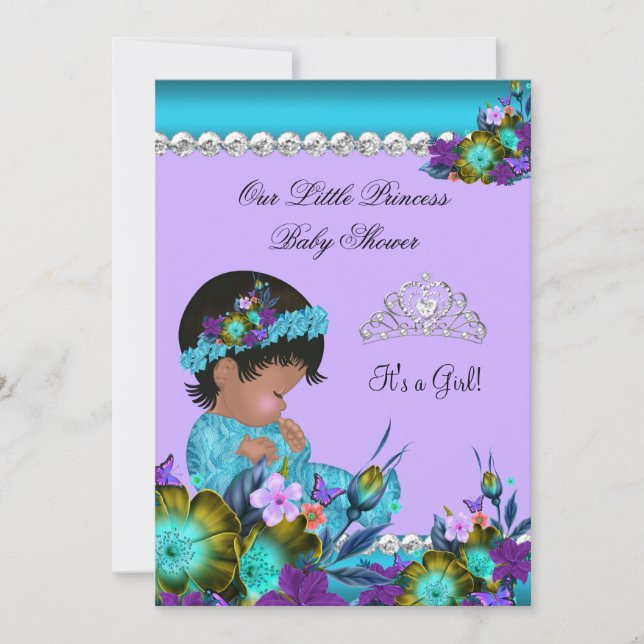 Convite Chá de Bebê Princesa Menina Azul Teal Roxo zz2 (Frente)