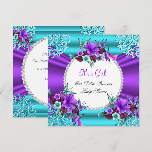 Convite Chá de Bebê Princesa Menina Azul Turquesa Floral 3 (Frente/Verso)