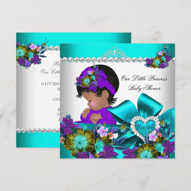 Convite Chá de Bebê Princesa Menina Azul Turquesa Roxo 3 (Frente/Verso)