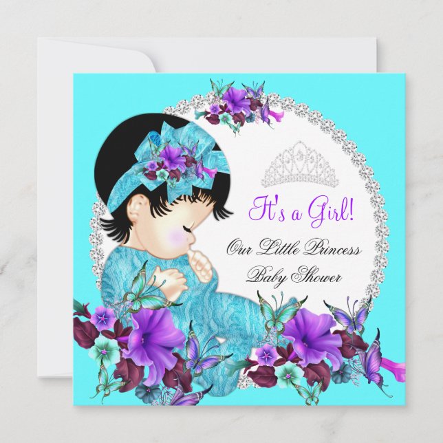 Convite Chá de Bebê Princesa Menina Azul Turquesa Roxo D2 (Frente)