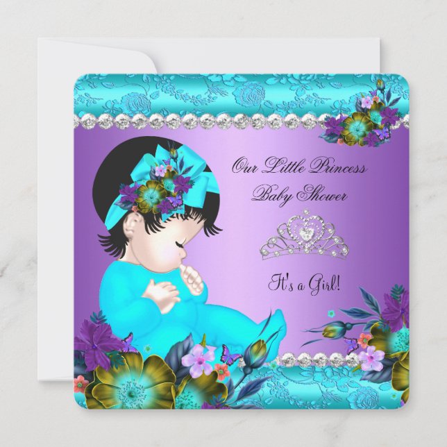 Convite Chá de Bebê Princesa Menina Azul Turquesa Roxo Dam (Frente)