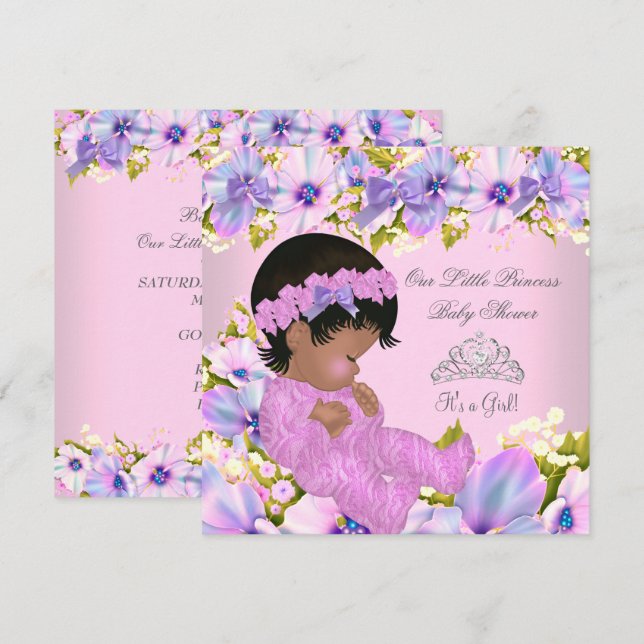 Convite Chá de Bebê Princesa Menina floral Rosa Roxo (Frente/Verso)