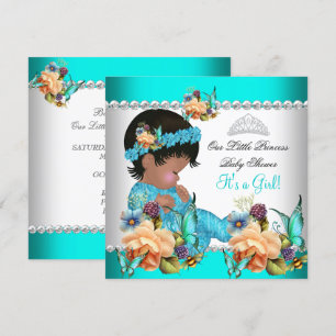 Convite Chá de Bebê Princesa Menina Flores Azul Teal