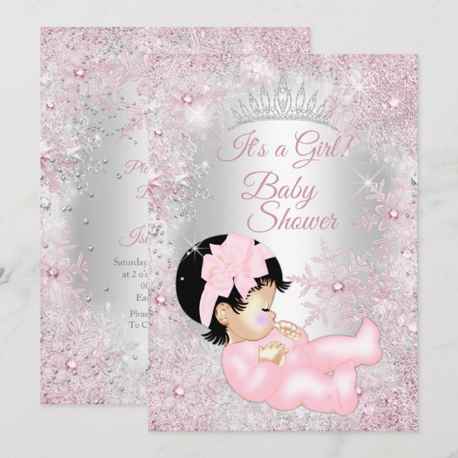 Convite Chá de Bebê Princesa Menina Pink Winter Wonderland (Frente/Verso)