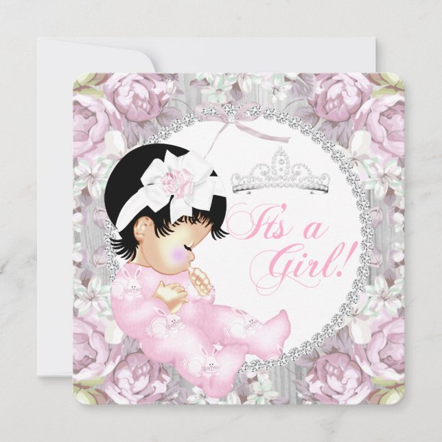Convite Chá de Bebê Princesa Menina Rosa Antigo Rosa Flora (Frente)