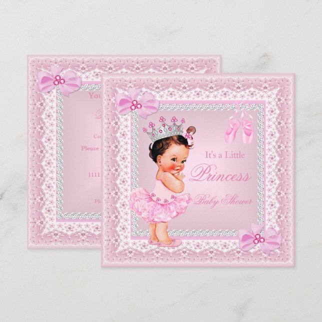 Convite Chá de Bebê Princesa Menina Rosa Bailarina Morena (Frente/Verso)