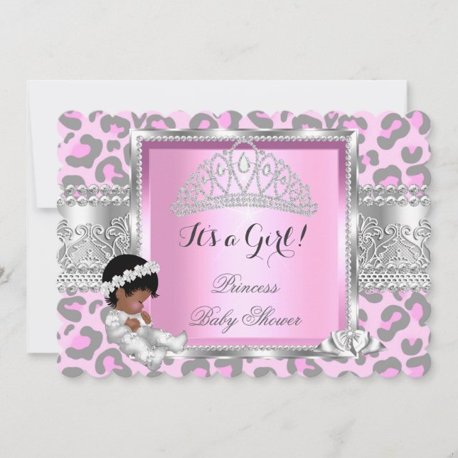 Convite Chá de Bebê Princesa Menina Rosa Cinza Leopardo 4 (Frente)