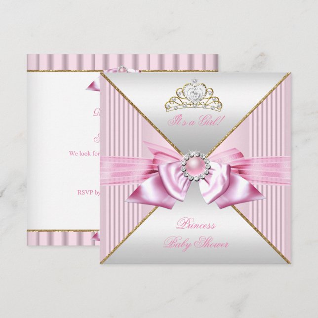 Convite Chá de Bebê Princesa Menina Rosa Pérola Dourado Br (Frente/Verso)