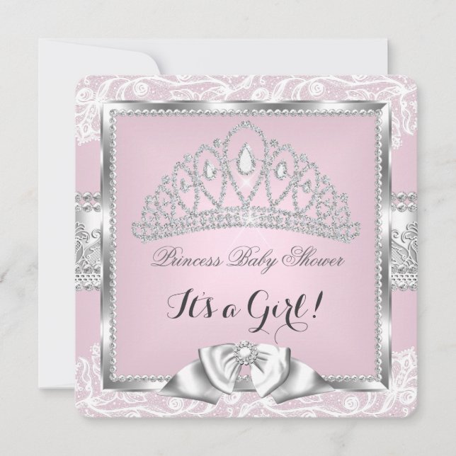 Convite Chá de Bebê Princesa Menina Rosa Prata Renda 4 (Frente)