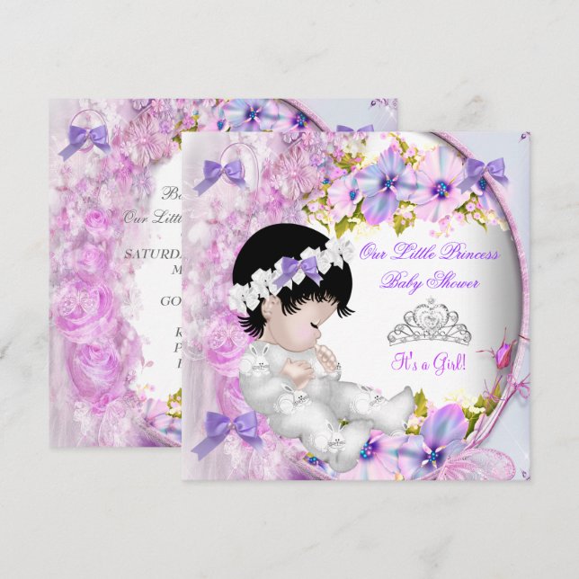 Convite Chá de Bebê Princesa Menina Rosa Roxo Floral 3 (Frente/Verso)