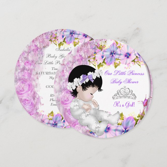 Convite Chá de Bebê Princesa Menina Rosa Roxo Floral 3a (Frente/Verso)