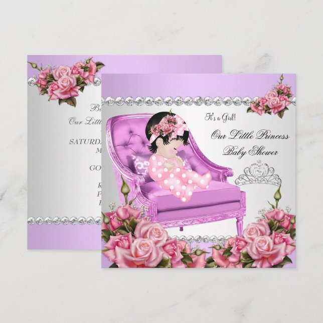 Convite Chá de Bebê Princesa Menina Rosas Rosa Lavanda 2 (Frente/Verso)