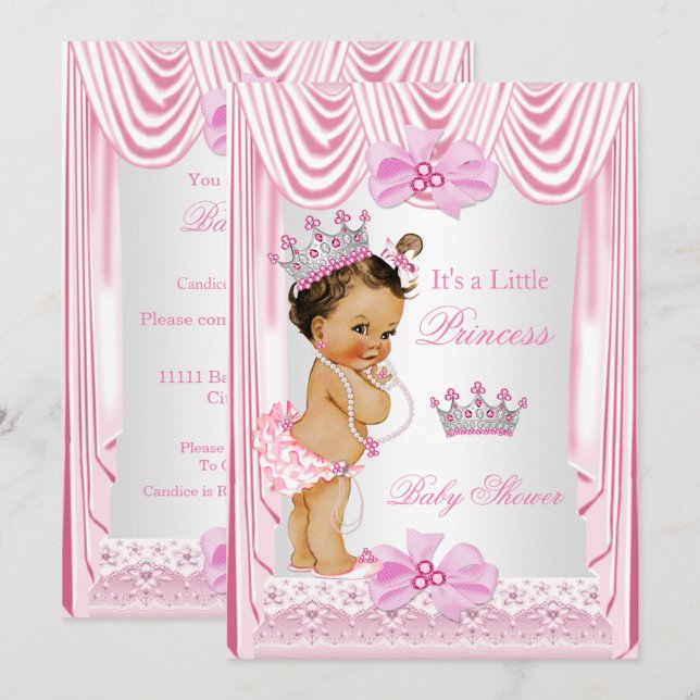 Convite Chá de Bebê Princesa Menina Seda Rosa (Frente/Verso)