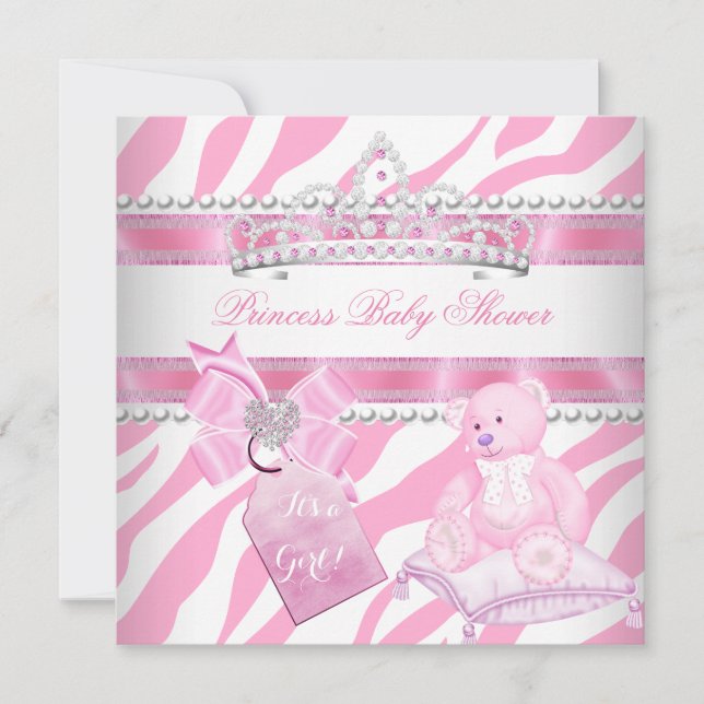 Convite Chá de Bebê Princesa Menina Zebra Rosa Urso Branco (Frente)