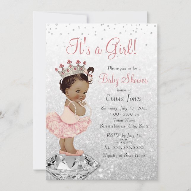 Convite Chá de Bebê Princesa Prata Rosa Afro-Americana (Frente)