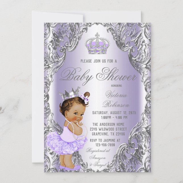 Convite Chá de Bebê Princesa Prata Roxa  (Frente)