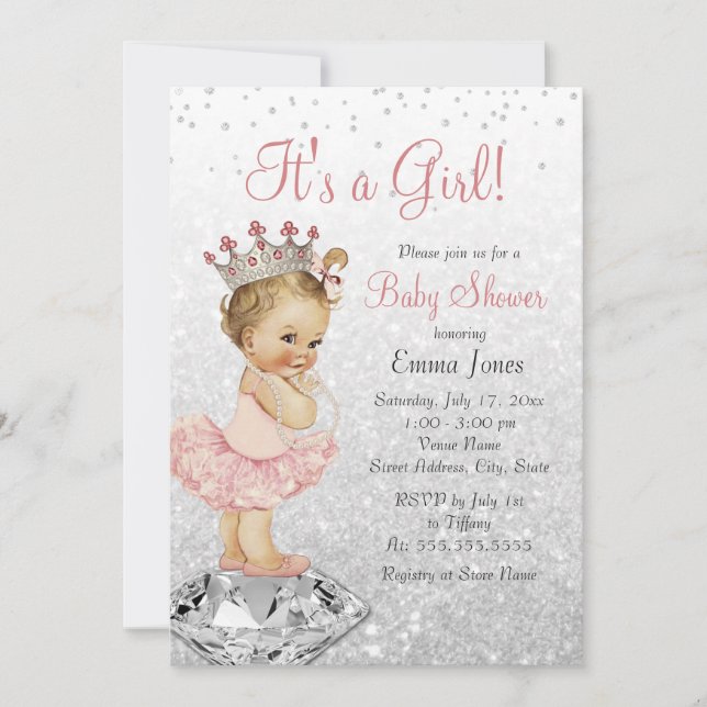 Convite Chá de Bebê Princesa Prateada Rosa Brilhante (Frente)