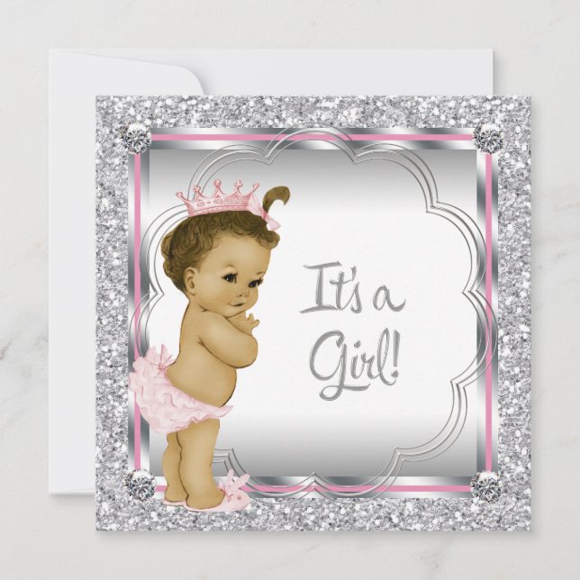 Convite Chá de Bebê Princesa Rosa Afro-Americana (Frente)