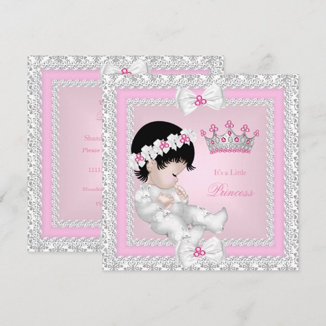 Convite Chá de Bebê Princesa Rosa Branco Cinza Damasco B (Frente/Verso)