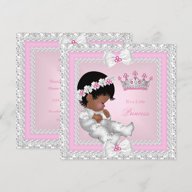 Convite Chá de Bebê Princesa Rosa Branco Cinza Damasco Étn (Frente/Verso)
