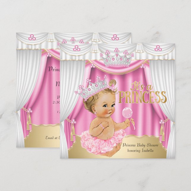 Convite Chá de Bebê Princesa Rosa Branco Gema Dourado Loir (Frente/Verso)