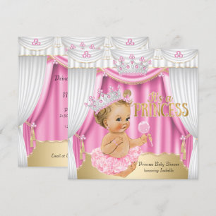 Convite Chá de Bebê Princesa Rosa Branco Gema Dourado Loir