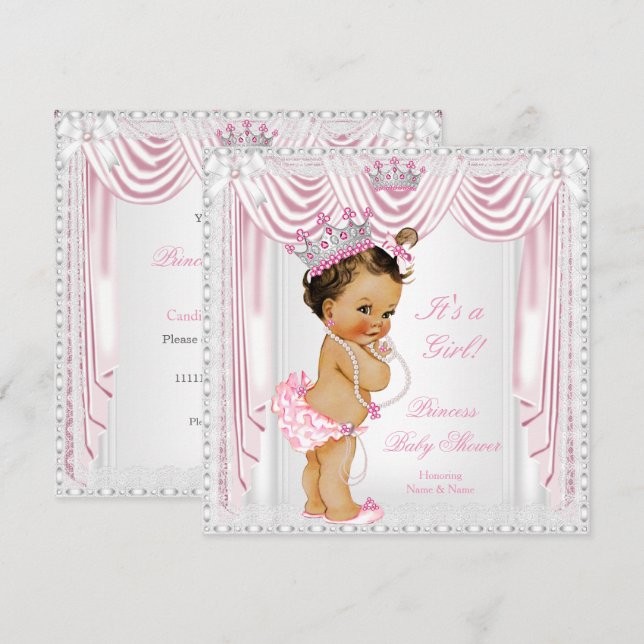 Convite Chá de Bebê Princesa Rosa Cetim Renda Pele Média (Frente/Verso)