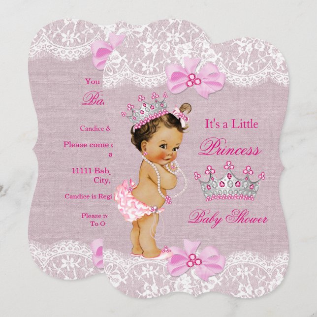 Convite Chá de Bebê Princesa Rosa com Renda de Estopa More (Frente/Verso)
