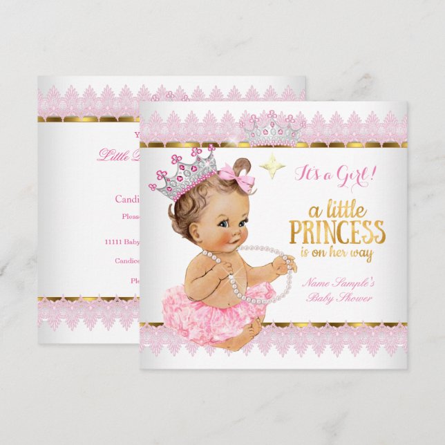 Convite Chá de Bebê Princesa Rosa Dourado Bebê Morena (Frente/Verso)