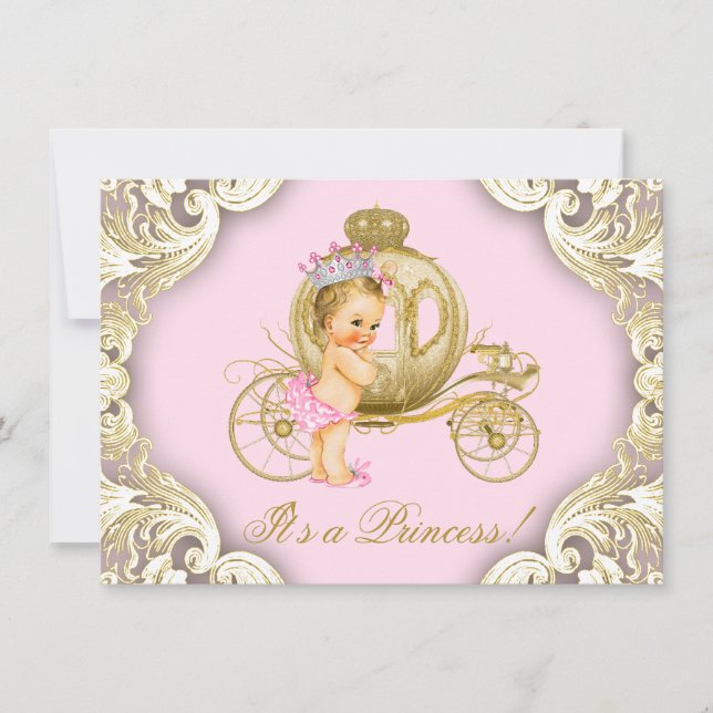 Convite Chá de Bebê Princesa Rosa e Dourado Carruagem (Frente)